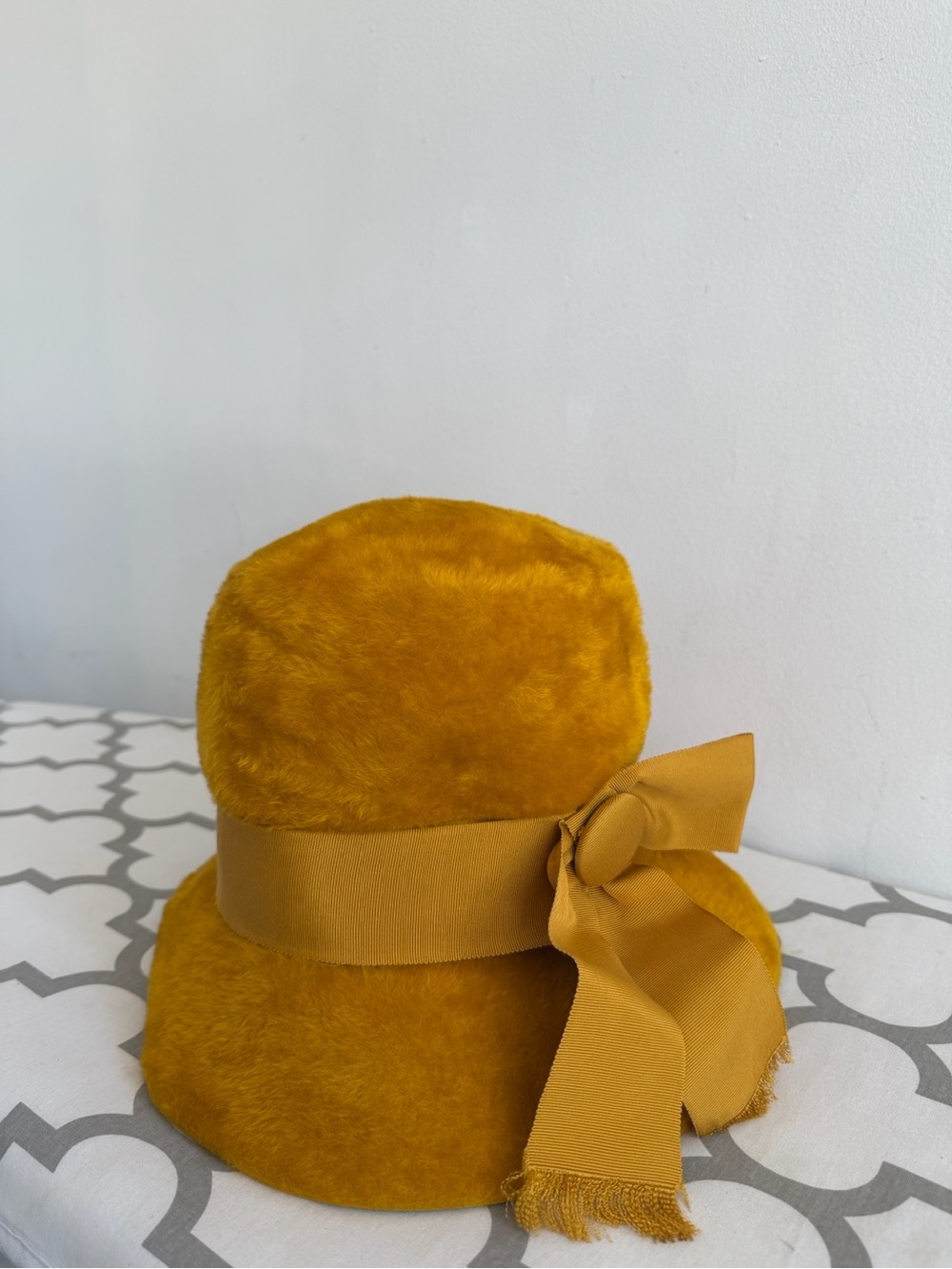 Mustard Yellow Faux Fur Bucket Hat with Grosgrain Bow